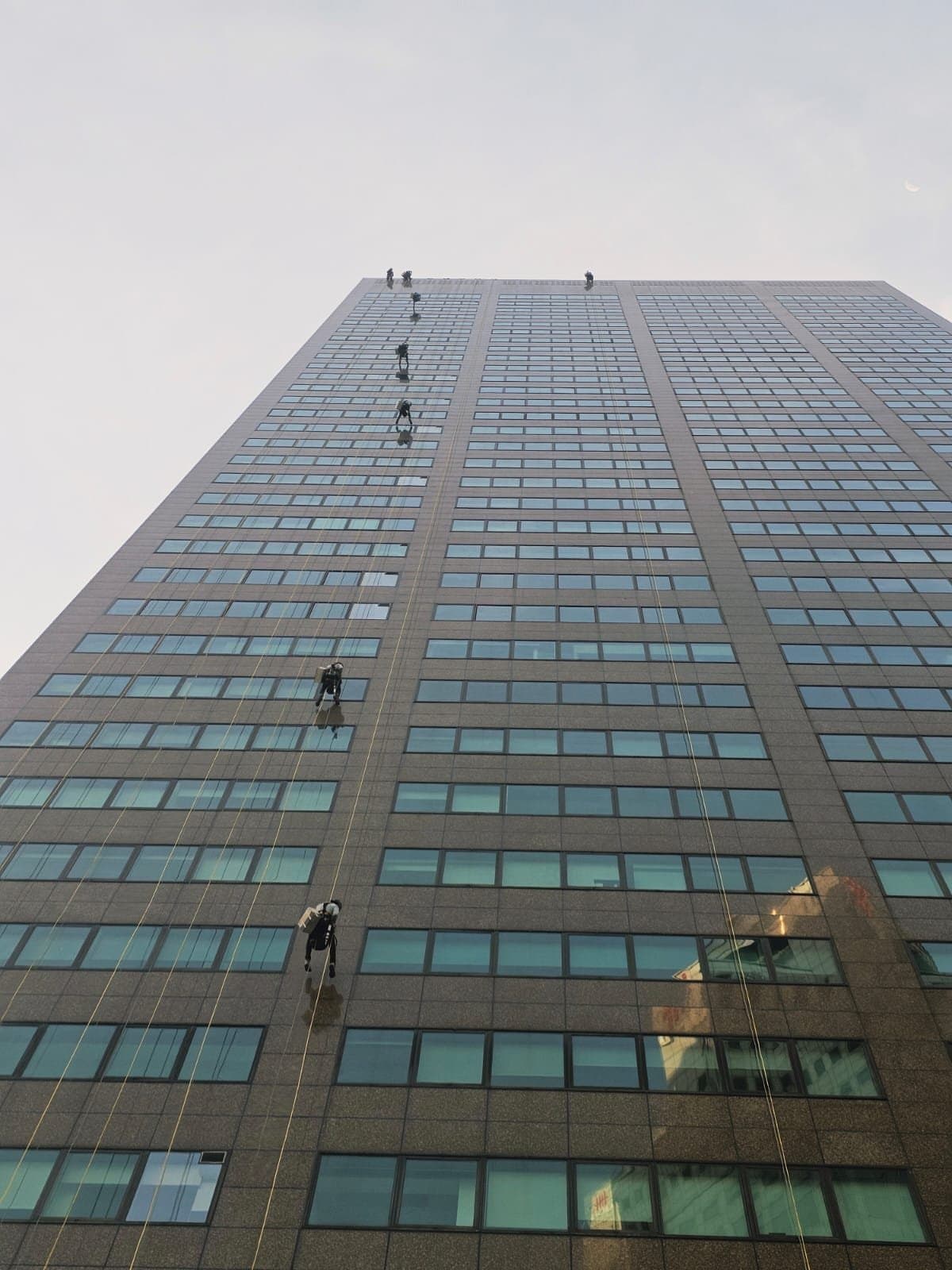 Hydroseal IRATA rope-access team abseiling the full height of a Grade-A office tower façade in Singapore’s CBD during a façade sealant replacement project