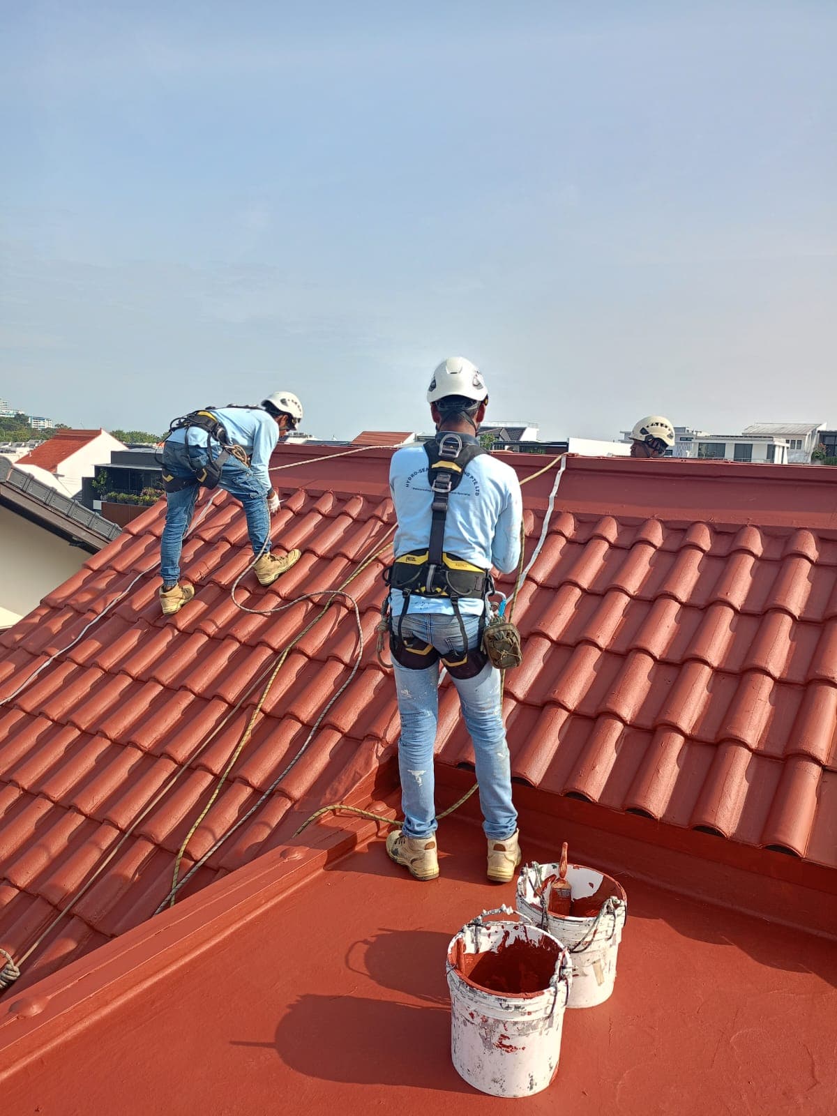 Hydroseal technicians applying red waterproof coating to a tiled landed-home roof in Singapore