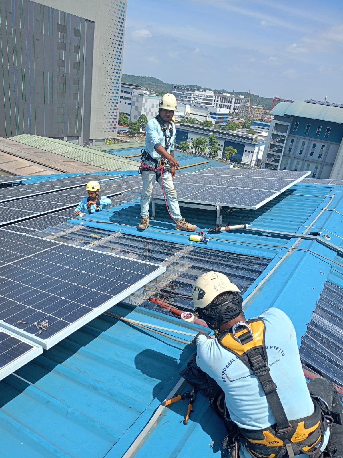 Hydroseal crew in branded uniform working on an industrial metal roof with solar panels in Singapore