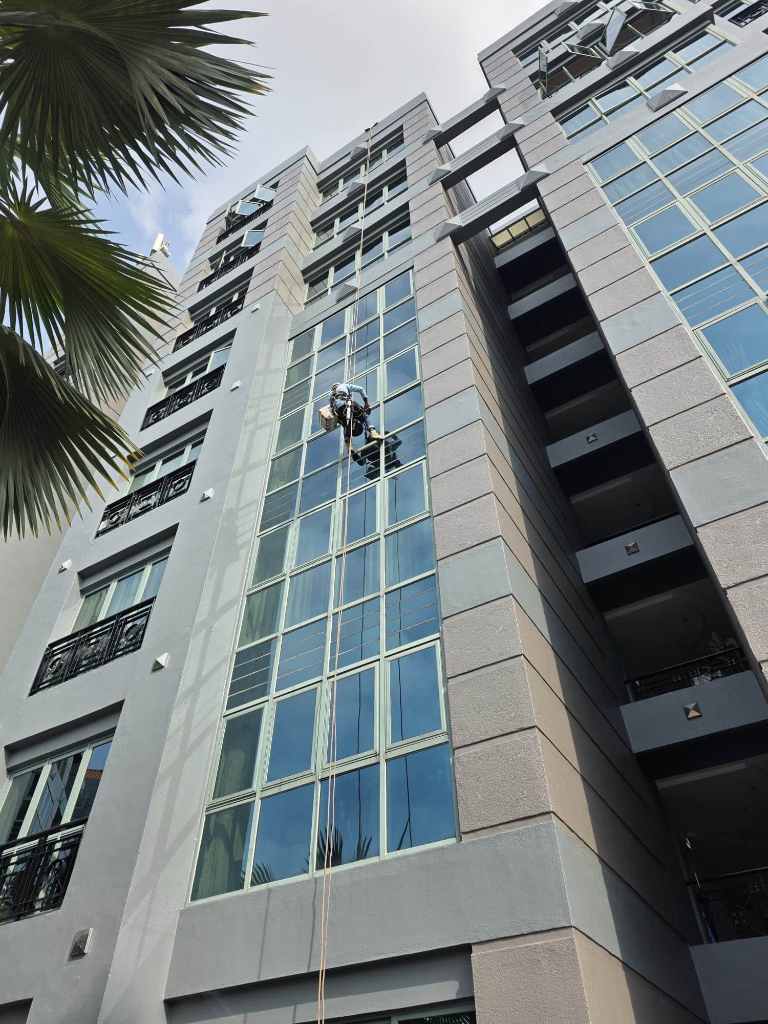 Hydroseal IRATA rope-access technician abseiling down the glass-and-tile façade of a Singapore condominium