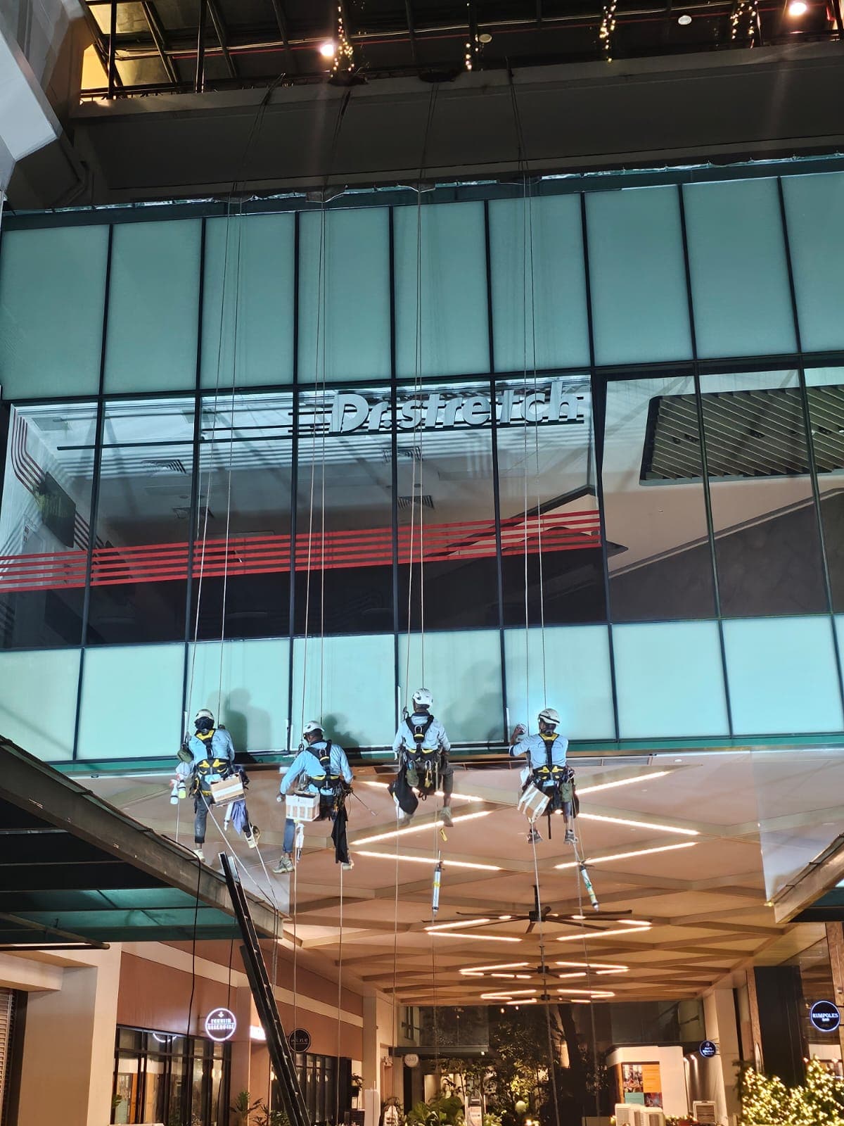 Hydroseal rope-access technicians working on a brightly lit glass mall façade at night in Singapore